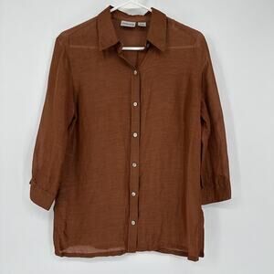 Chico's Shirt Womens SMALL Brown Linen Silk Sheer Button Front 3/4 Sleeve Top